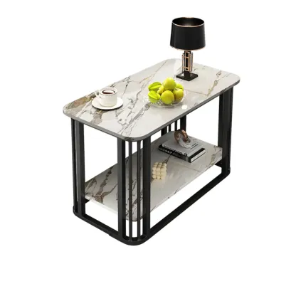 Luxury Rectangular Gold 2-Tier Coffee Table with Stone Top Image - 12