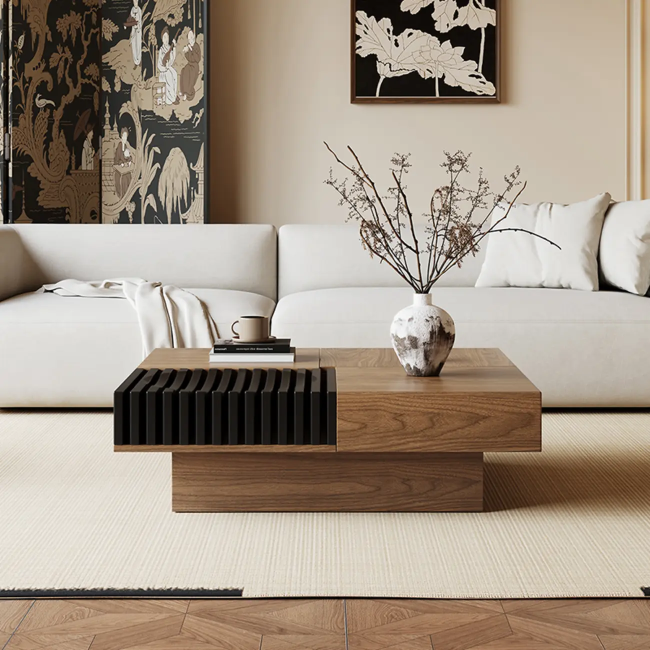 Brown Wooden Low Square Coffee Table with Sliding Top Image - 3 | homeyfad