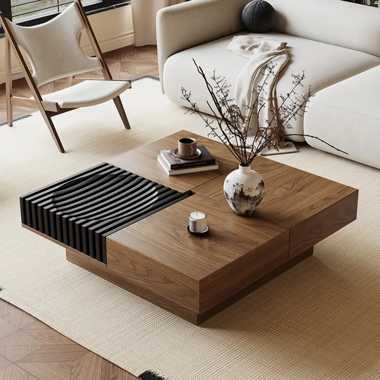 Brown Wooden Low Square Coffee Table with Sliding Top Image - 1