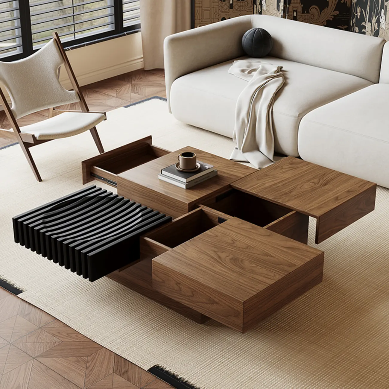 Brown Wooden Low Square Coffee Table with Sliding Top Image - 2 | homeyfad