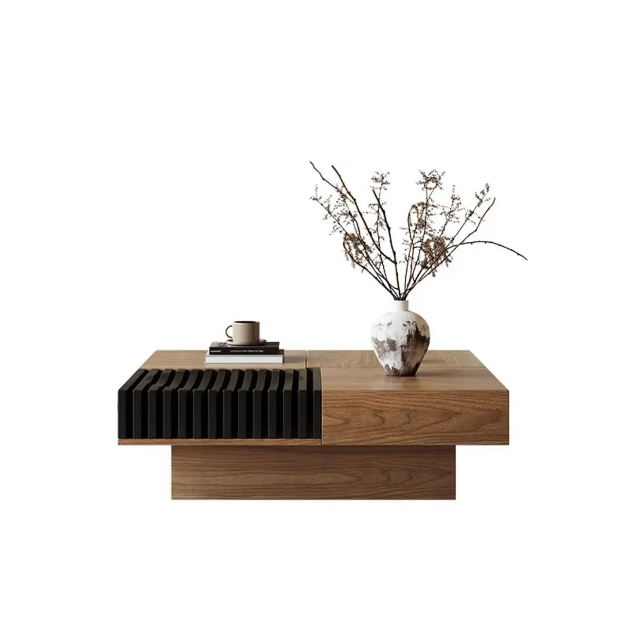 Brown Wooden Low Square Coffee Table with Sliding Top Image - 6