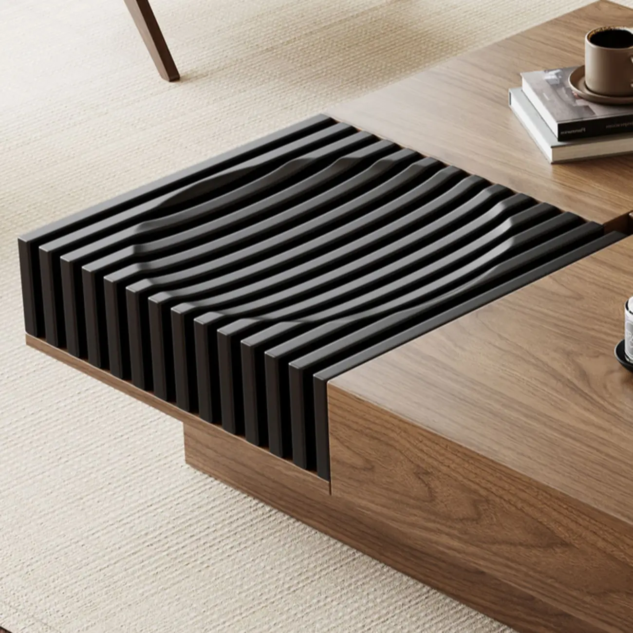 Brown Wooden Low Square Coffee Table with Sliding Top Image - 5 | homeyfad