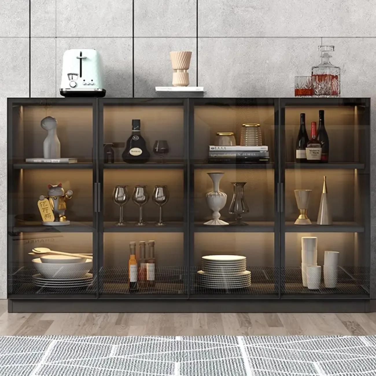 Large 3 Shelves Glass Wood Black Sideboard with LED Light Image - 3