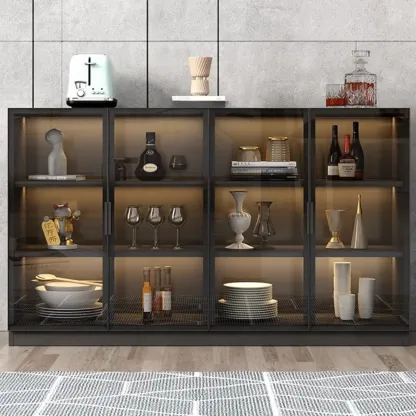 Large 3 Shelves Glass Wood Black Sideboard with LED Light Image - 3