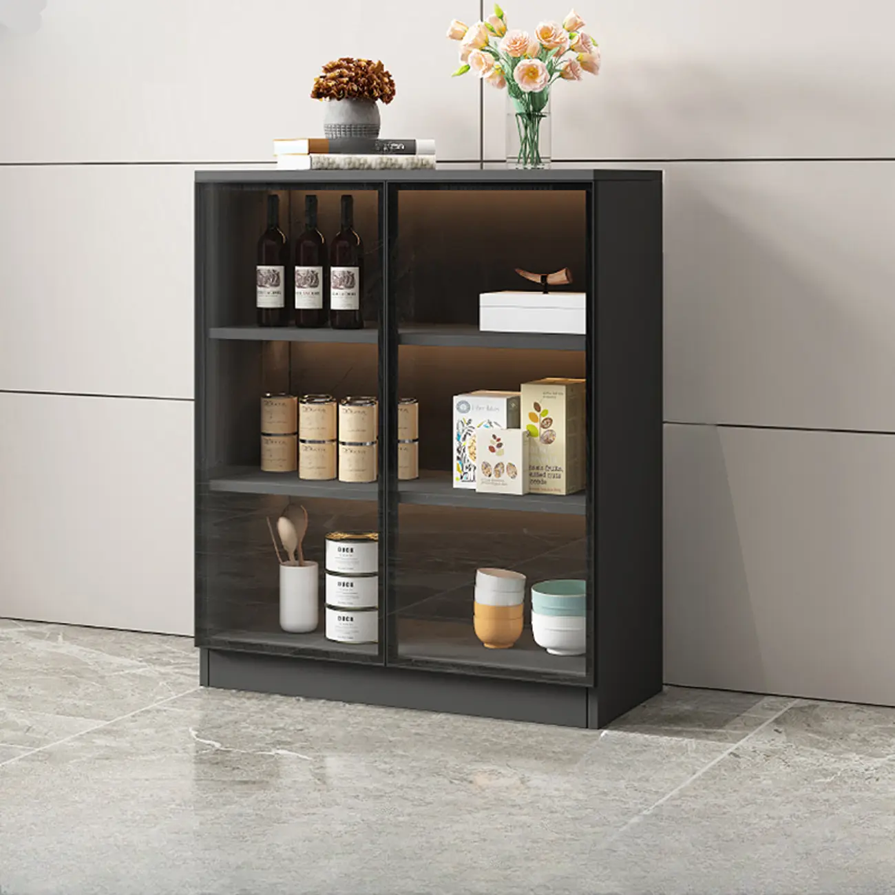 Large 3 Shelves Glass Wood Black Sideboard with LED Light Image - 6 | homeyfad