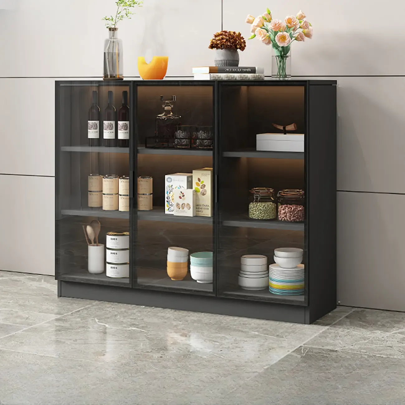 Large 3 Shelves Glass Wood Black Sideboard with LED Light Image - 7