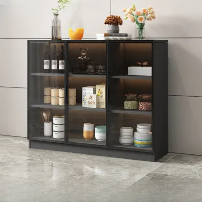 Large 3 Shelves Glass Wood Black Sideboard with LED Light Image - 7