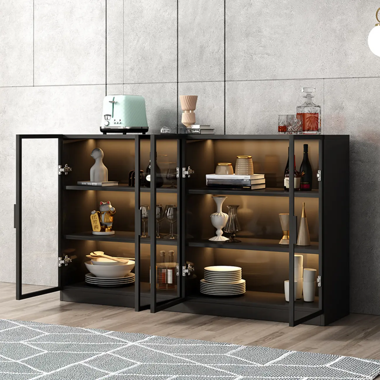 Large 3 Shelves Glass Wood Black Sideboard with LED Light Image - 2 | homeyfad