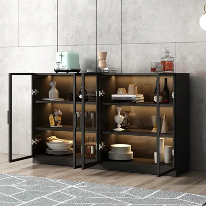 Large 3 Shelves Glass Wood Black Sideboard with LED Light Image - 2