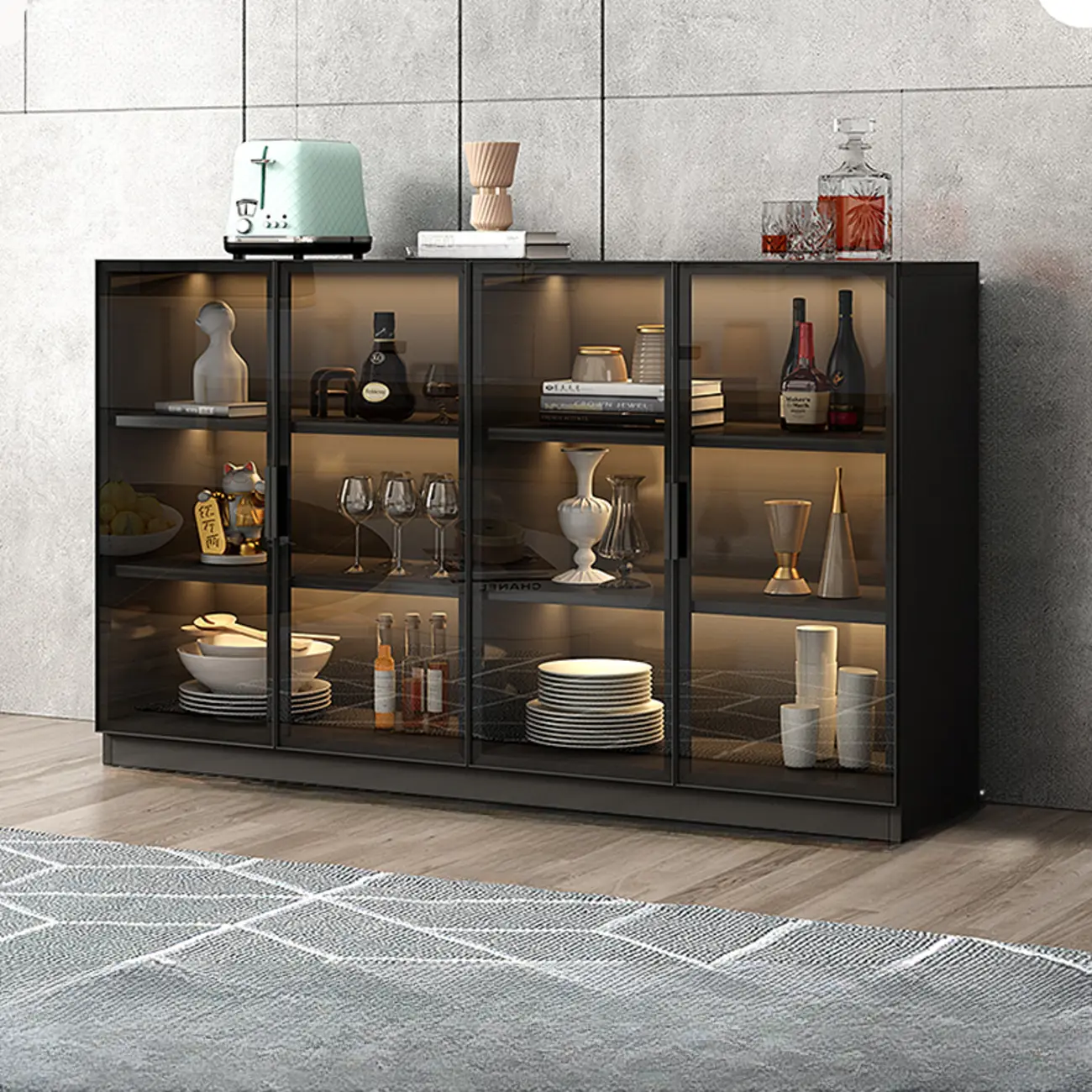 Large 3 Shelves Glass Wood Black Sideboard with LED Light Image - 1 | homeyfad