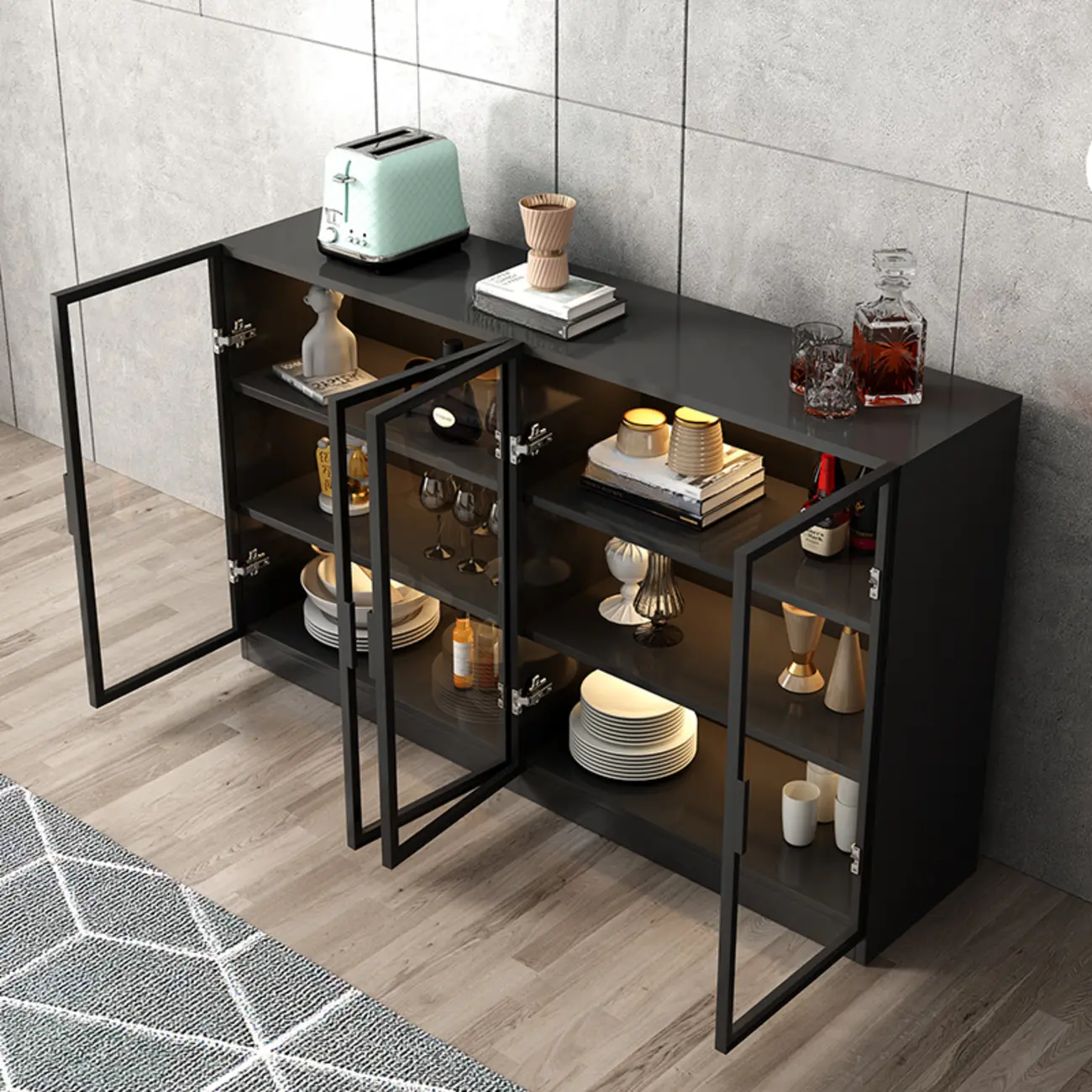 Large 3 Shelves Glass Wood Black Sideboard with LED Light Image - 8 | homeyfad