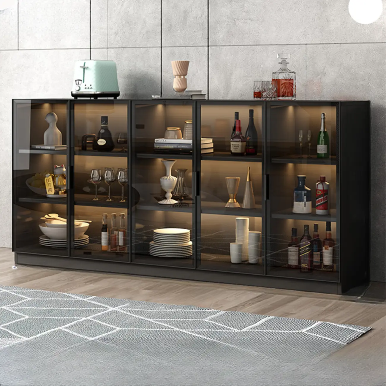 Large 3 Shelves Glass Wood Black Sideboard with LED Light Image - 9 | homeyfad