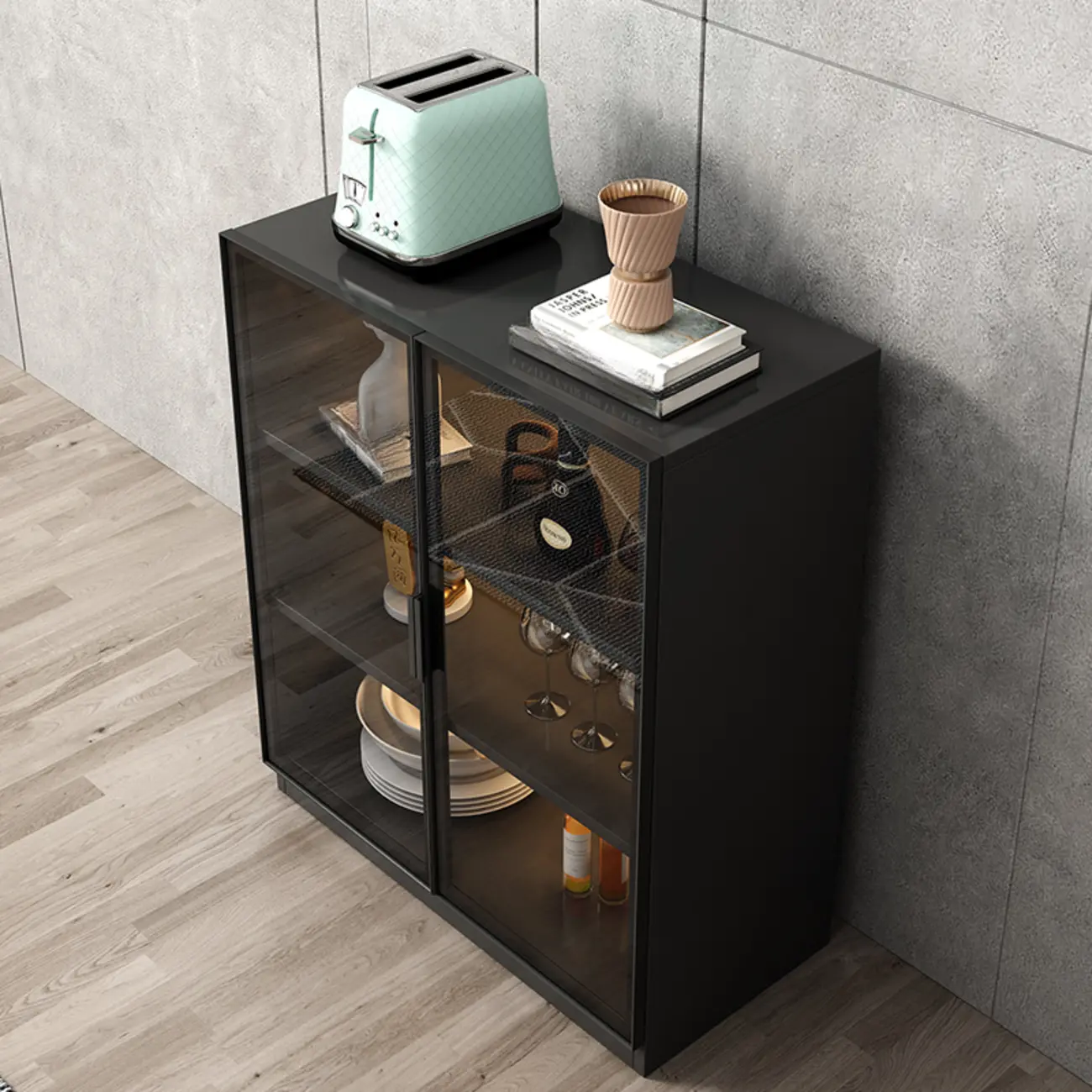 Large 3 Shelves Glass Wood Black Sideboard with LED Light Image - 10 | homeyfad