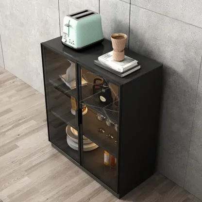 Large 3 Shelves Glass Wood Black Sideboard with LED Light Image - 10