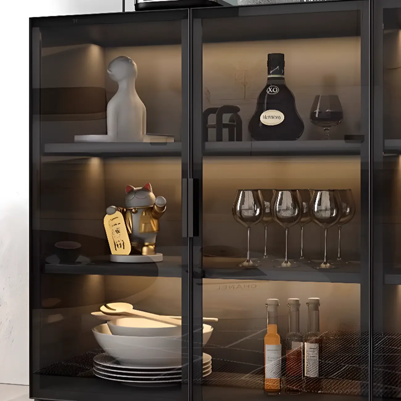 Large 3 Shelves Glass Wood Black Sideboard with LED Light Image - 11 | homeyfad