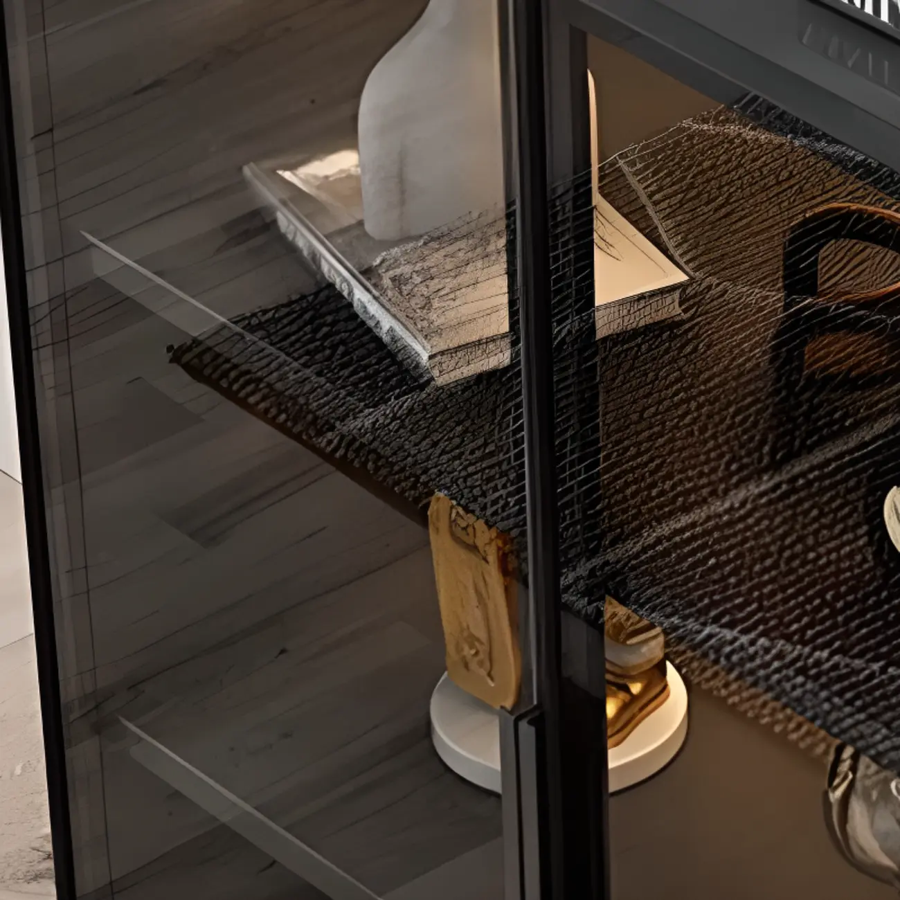 Large 3 Shelves Glass Wood Black Sideboard with LED Light Image - 4 | homeyfad