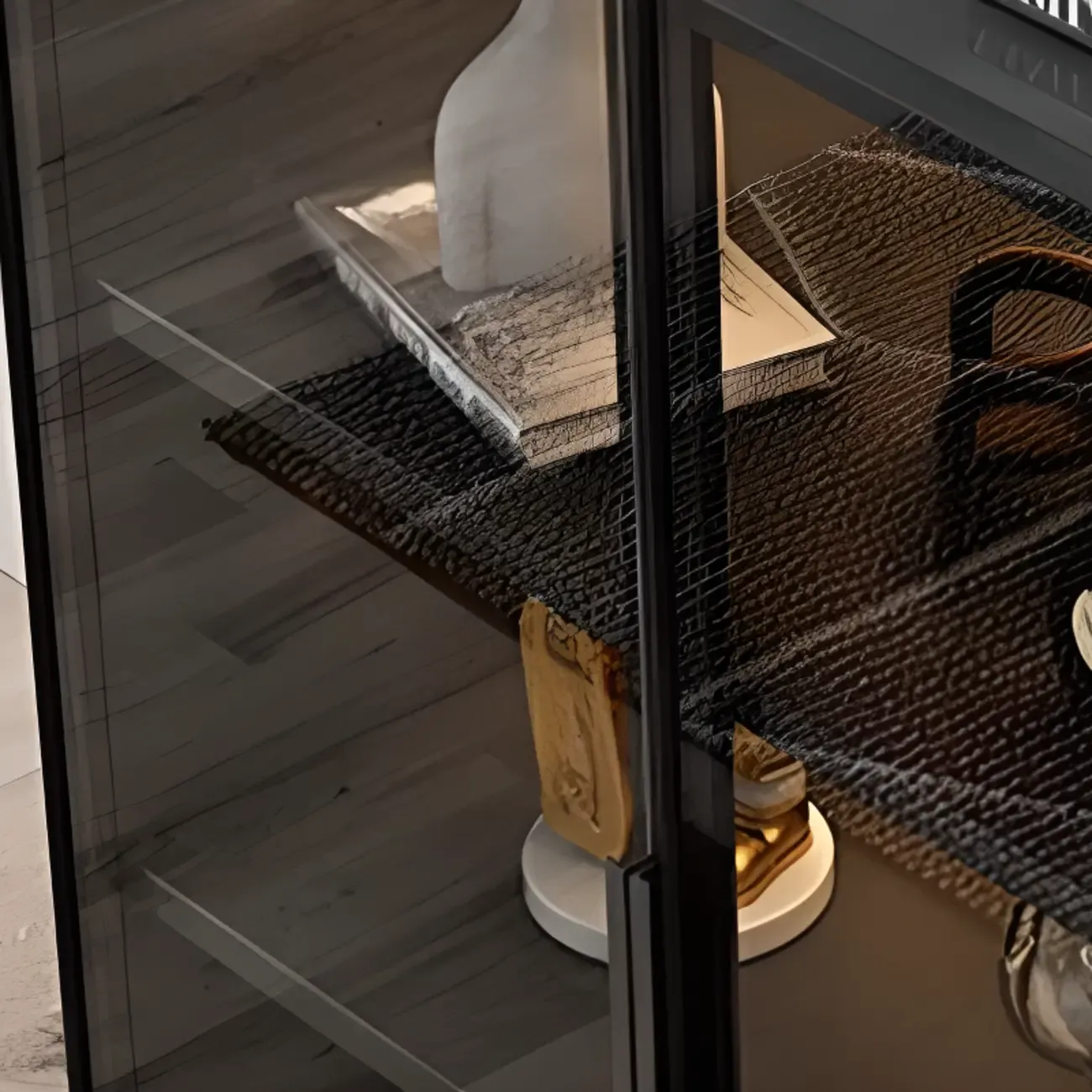 Large 3 Shelves Glass Wood Black Sideboard with LED Light Image - 4