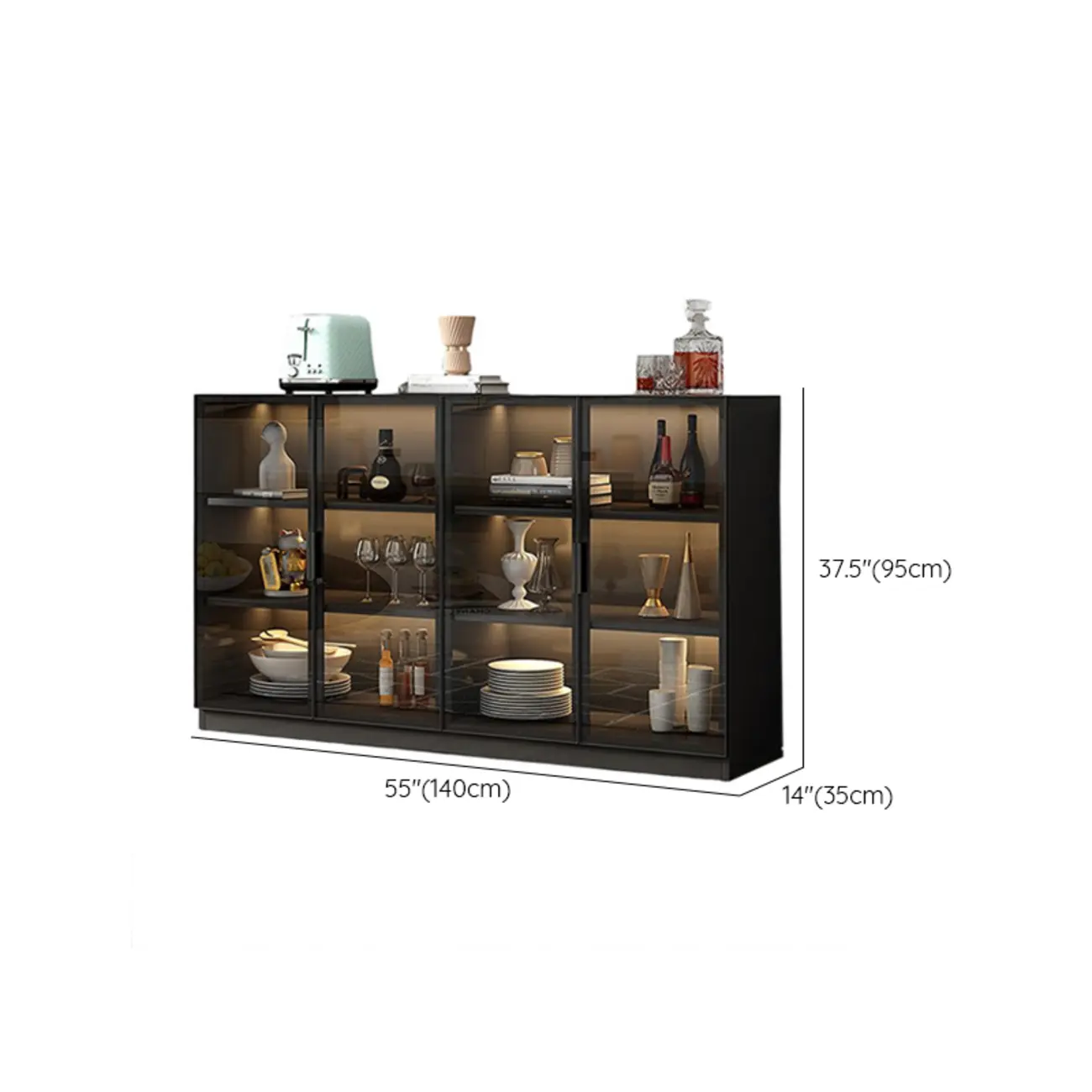 Large 3 Shelves Glass Wood Black Sideboard with LED Light Image - 15 | homeyfad