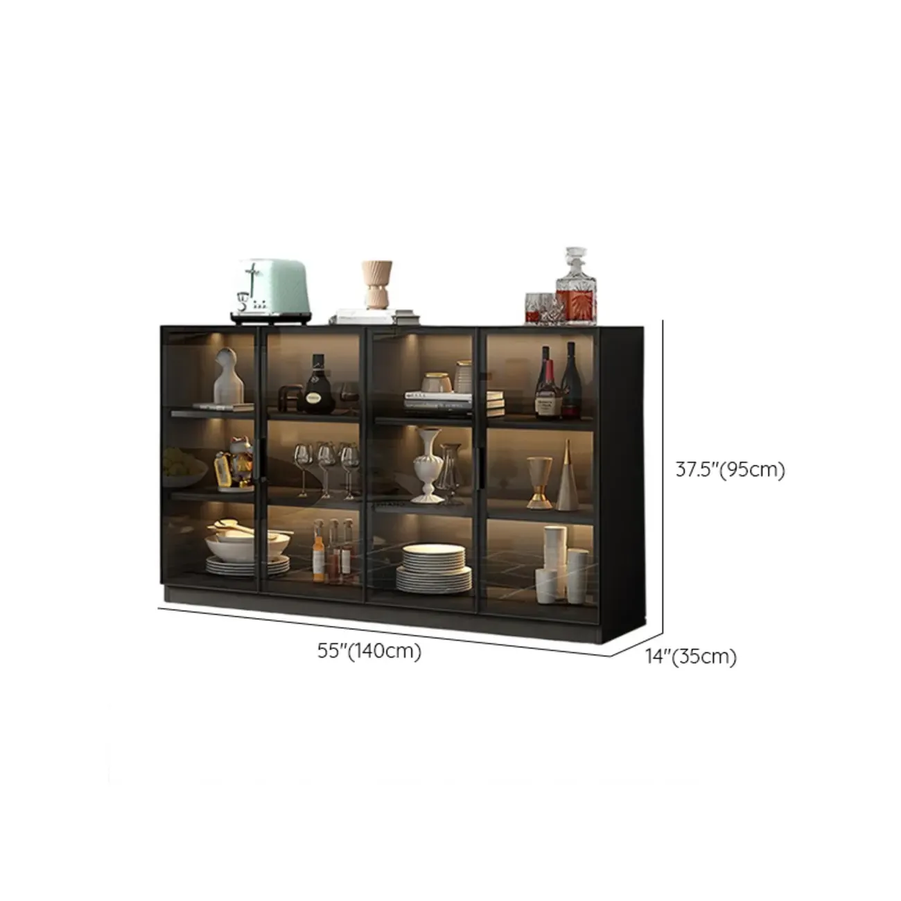 Large 3 Shelves Glass Wood Black Sideboard with LED Light Image - 15