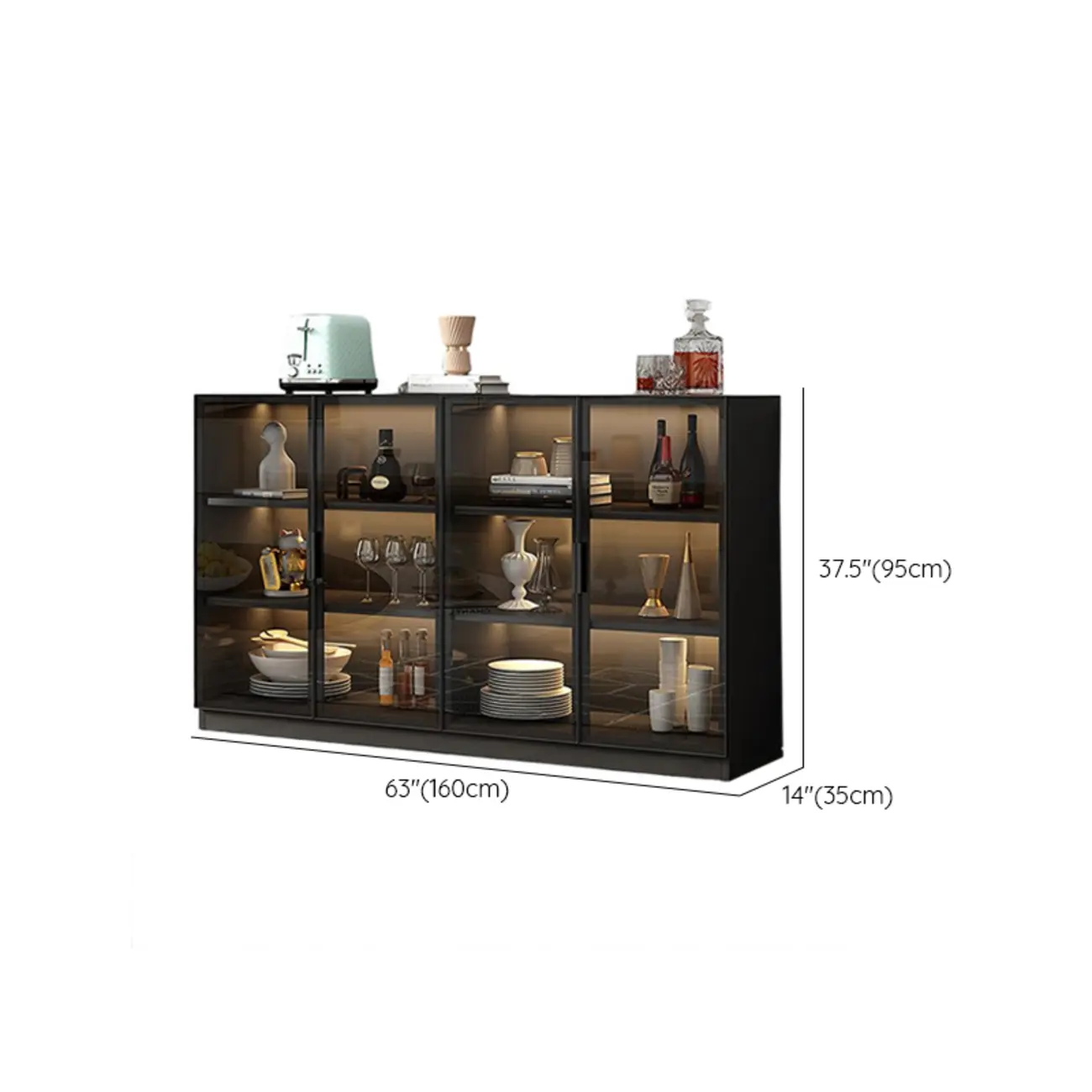 Large 3 Shelves Glass Wood Black Sideboard with LED Light Image - 16 | homeyfad