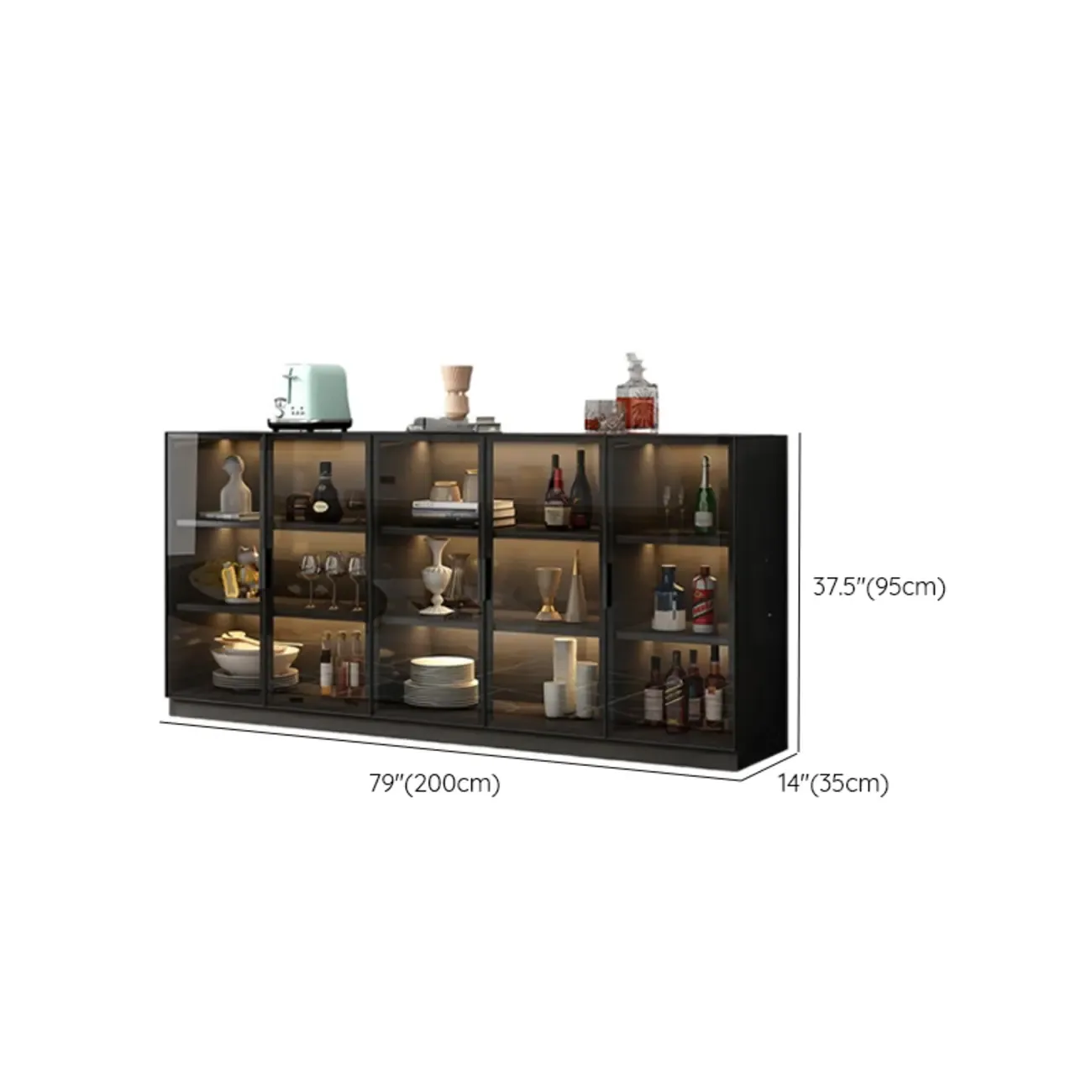 Large 3 Shelves Glass Wood Black Sideboard with LED Light Image - 17