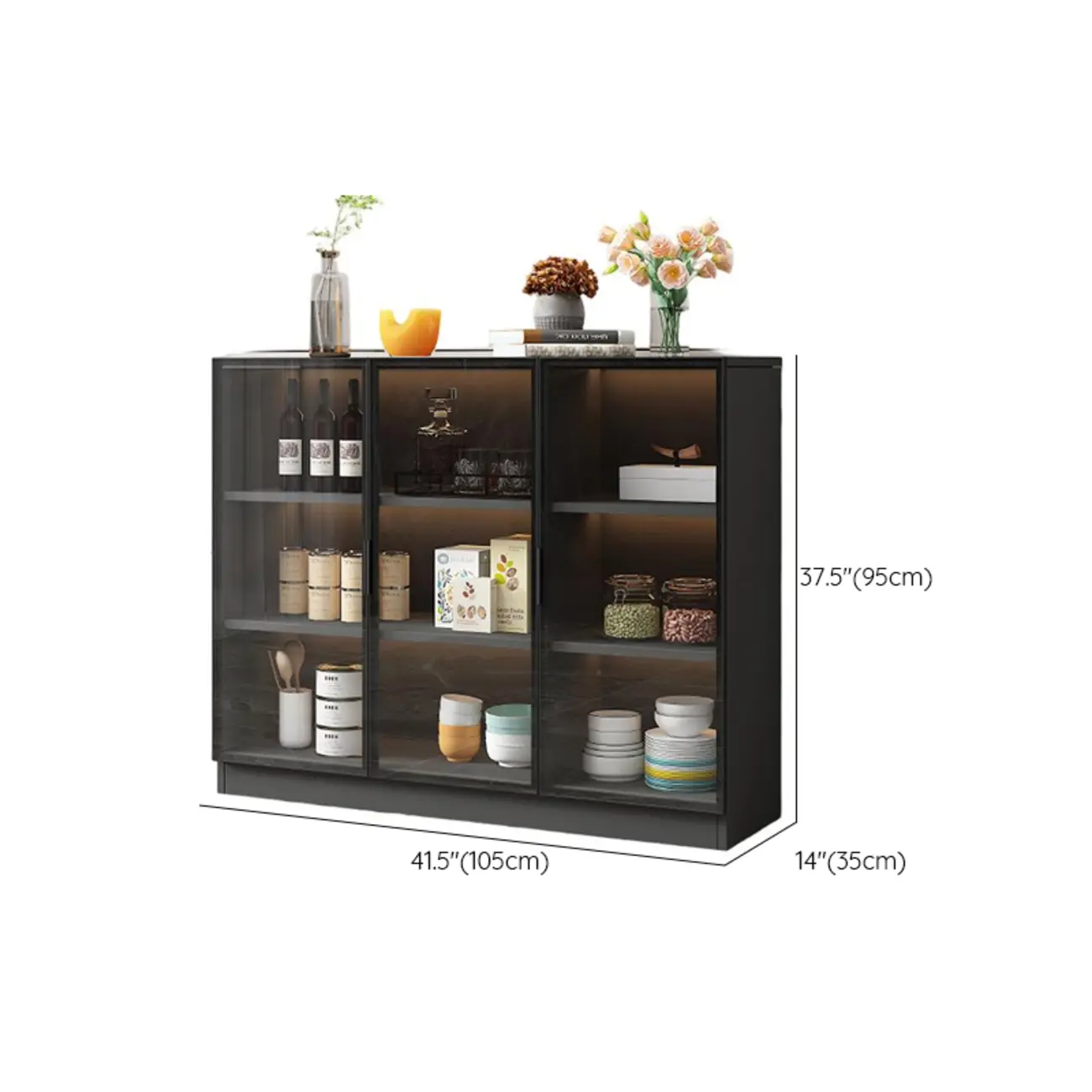 Large 3 Shelves Glass Wood Black Sideboard with LED Light Image - 18 | homeyfad