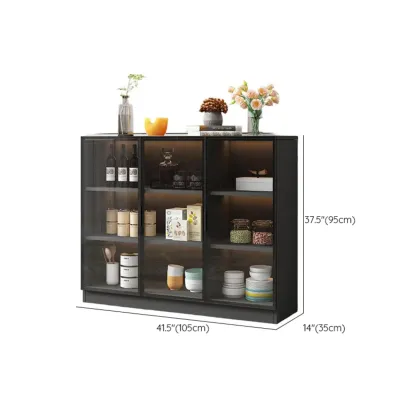 Large 3 Shelves Glass Wood Black Sideboard with LED Light Image - 18