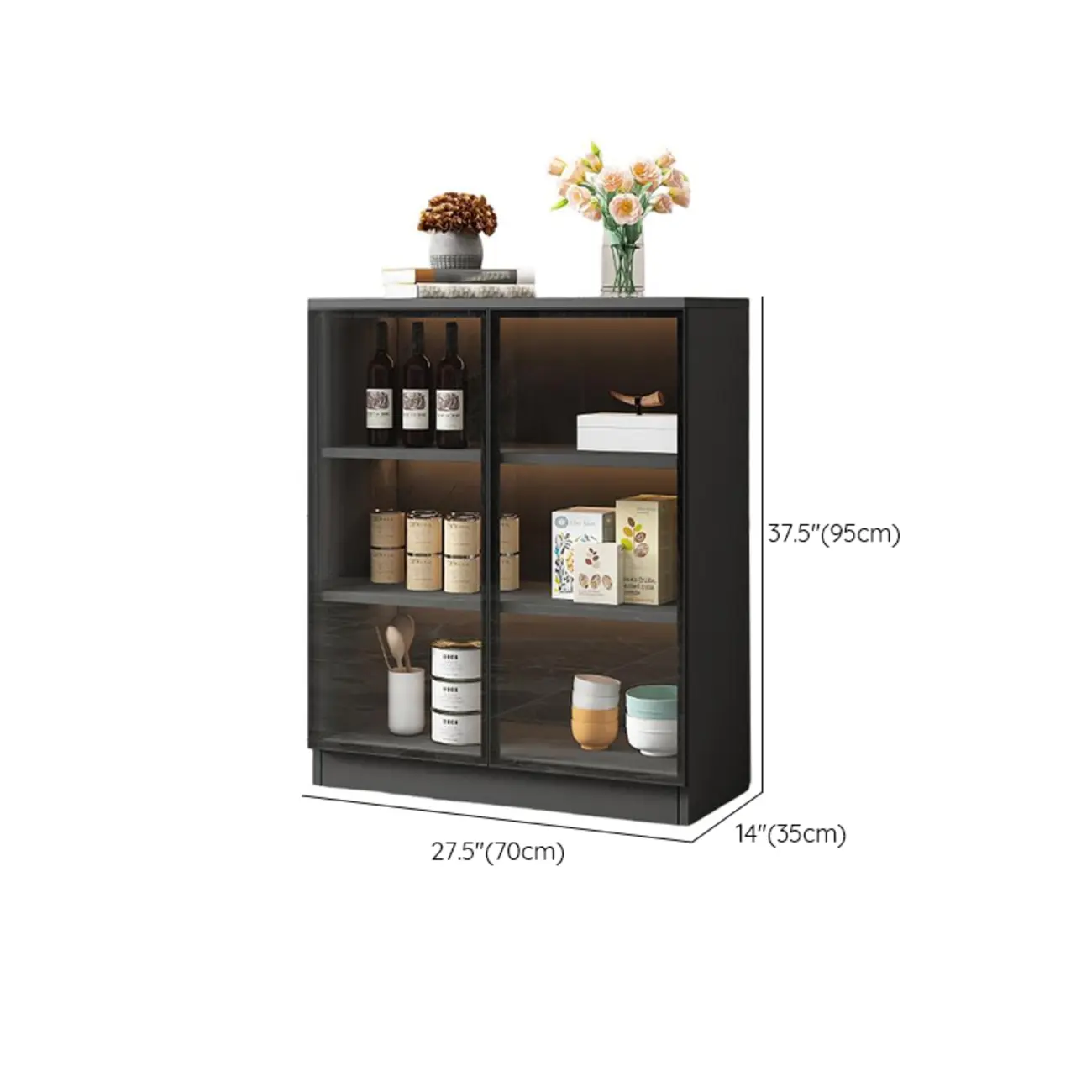 Large 3 Shelves Glass Wood Black Sideboard with LED Light Image - 19 | homeyfad