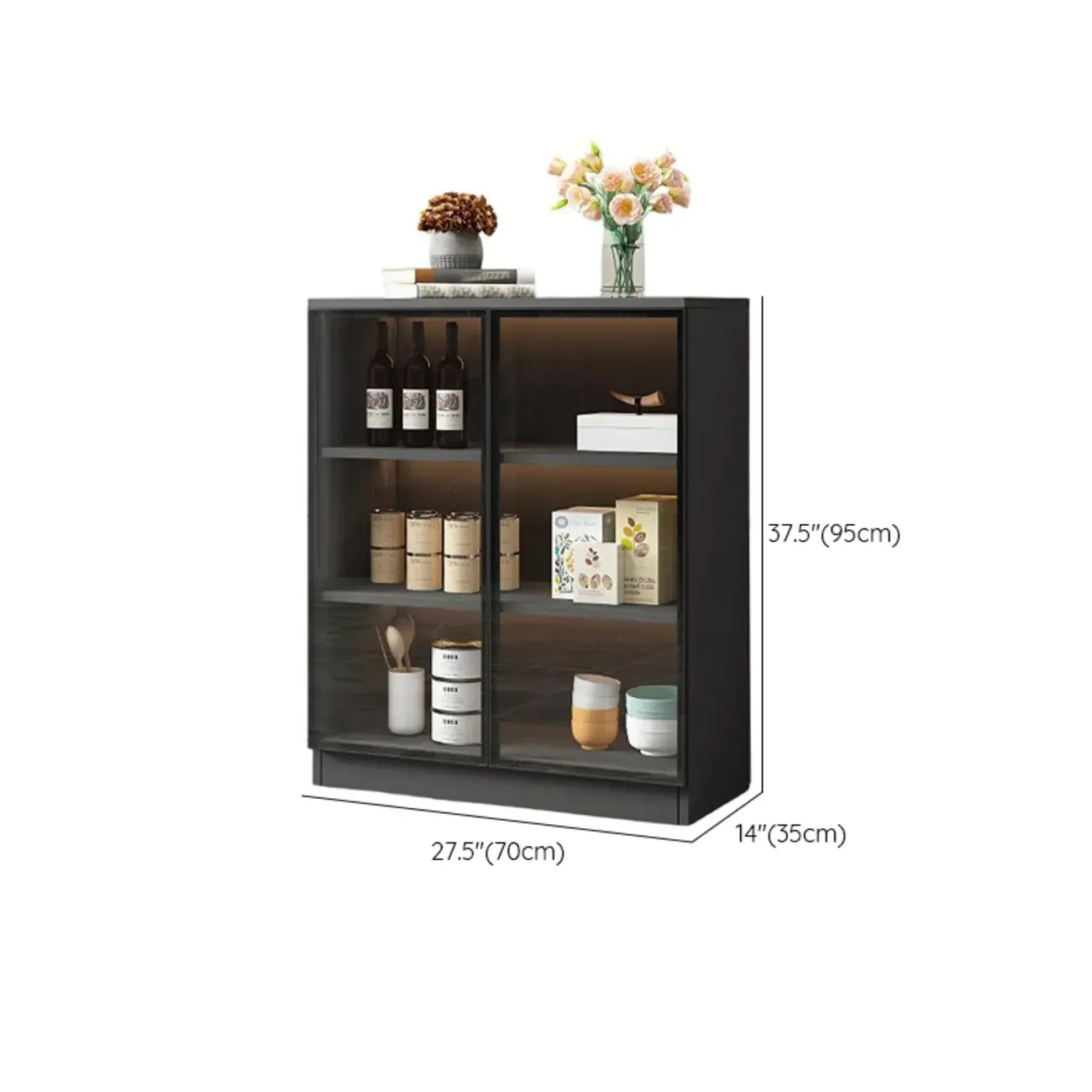 Large 3 Shelves Glass Wood Black Sideboard with LED Light Image - 19