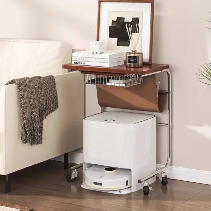 Brown Wood Top C-Shaped Sofa Side Table with Wheels Image - 2