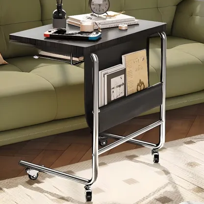 Brown Wood Top C-Shaped Sofa Side Table with Wheels Image - 3