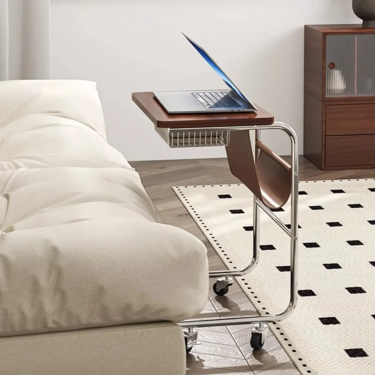 Brown Wood Top C-Shaped Sofa Side Table with Wheels Image - 4