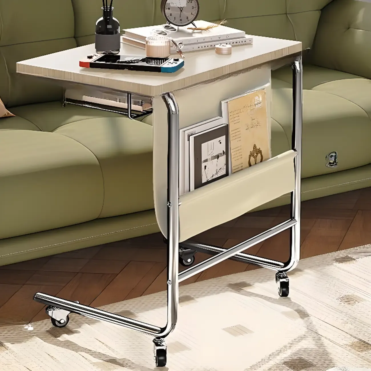 Brown Wood Top C-Shaped Sofa Side Table with Wheels Image - 5