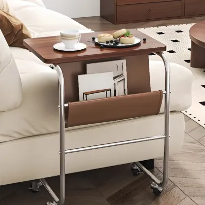 Brown Wood Top C-Shaped Sofa Side Table with Wheels Image - 6