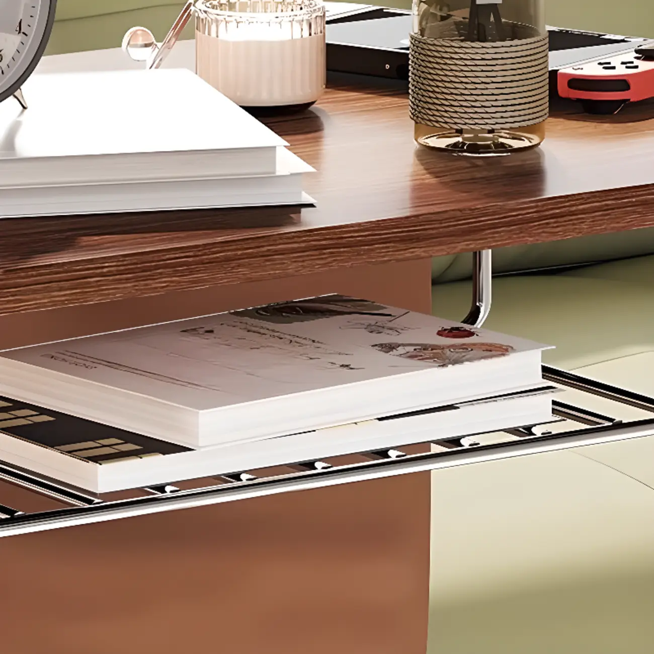 Brown Wood Top C-Shaped Sofa Side Table with Wheels Image - 8 | homeyfad