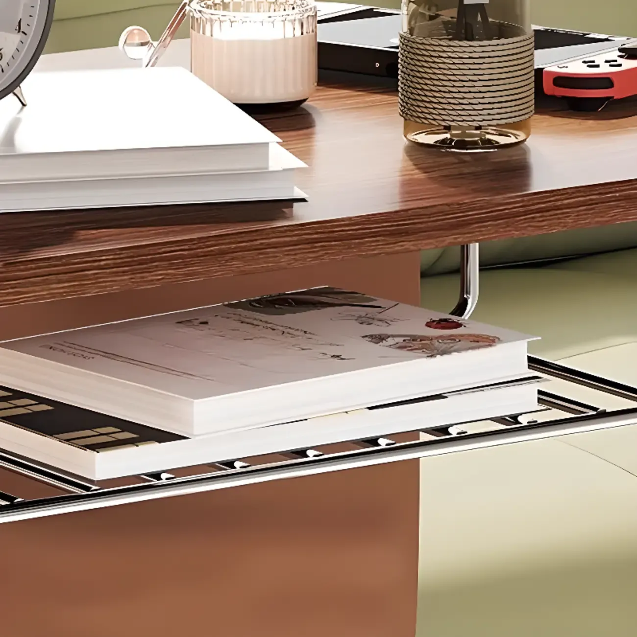 Brown Wood Top C-Shaped Sofa Side Table with Wheels Image - 8