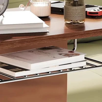 Brown Wood Top C-Shaped Sofa Side Table with Wheels Image - 8