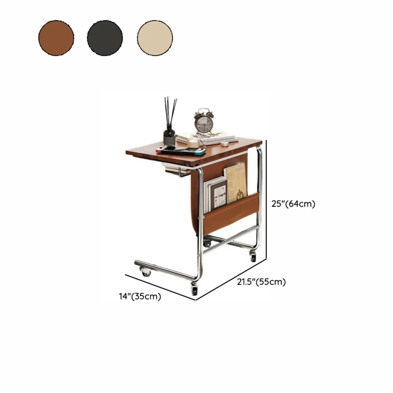 Brown Wood Top C-Shaped Sofa Side Table with Wheels #size | homeyfad