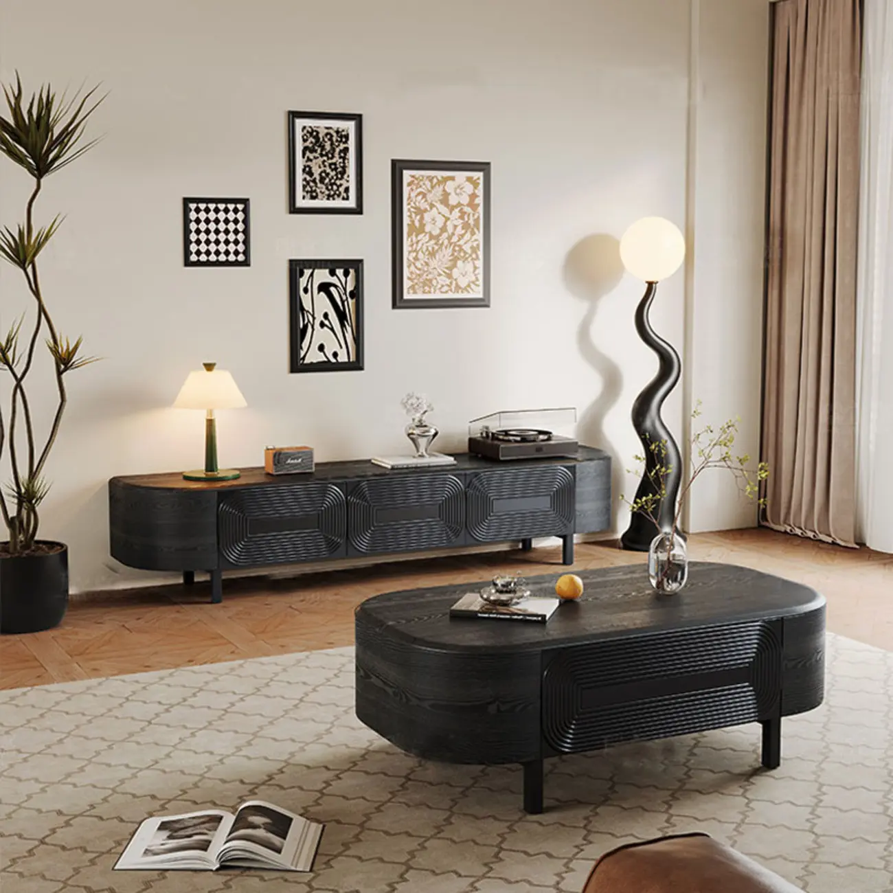 Mid Century Modern Black Wood TV Stand with Drawers Image - 1 | homeyfad