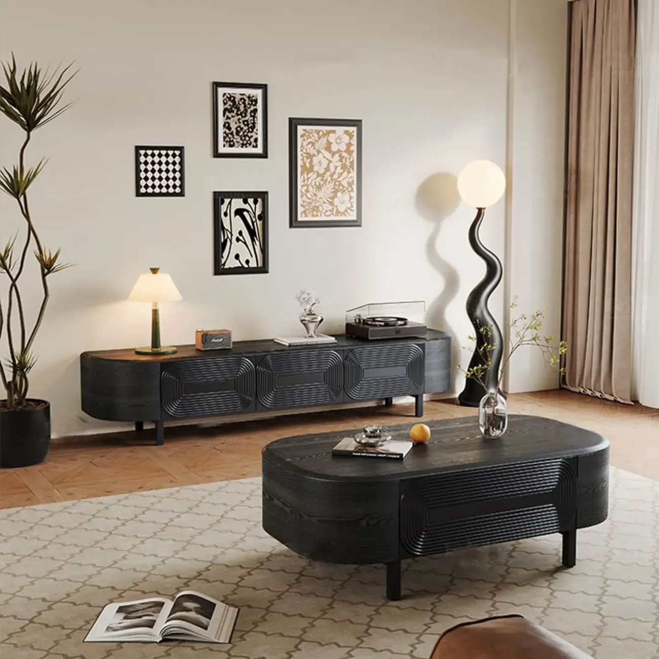 Mid Century Modern Black Wood TV Stand with Drawers Image - 1