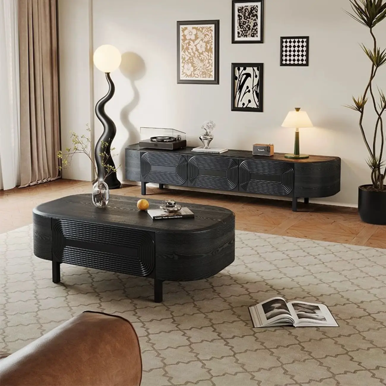 Mid Century Modern Black Wood TV Stand with Drawers Image - 2 | homeyfad