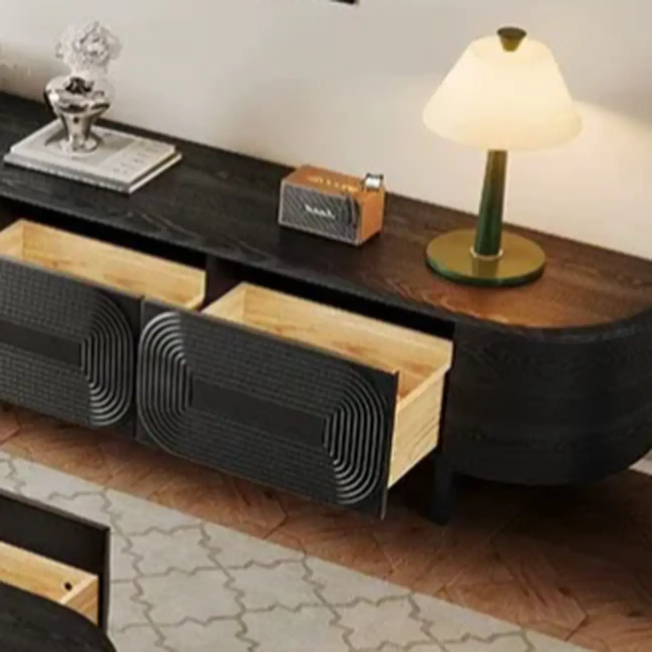 Mid Century Modern Black Wood TV Stand with Drawers Image - 4 | homeyfad