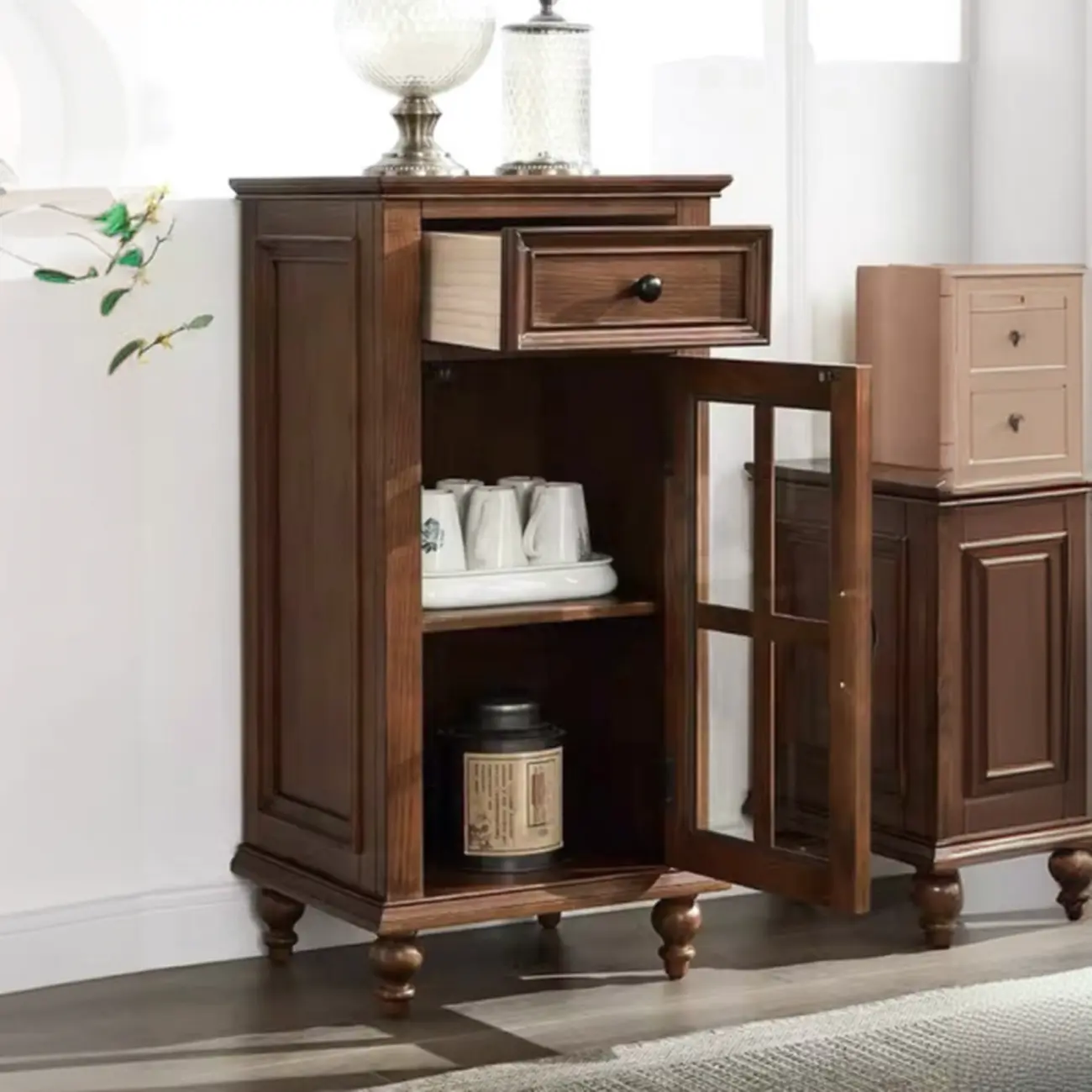 Traditional Wooden Storage Short China Cabinet in Brown Image - 5 | homeyfad