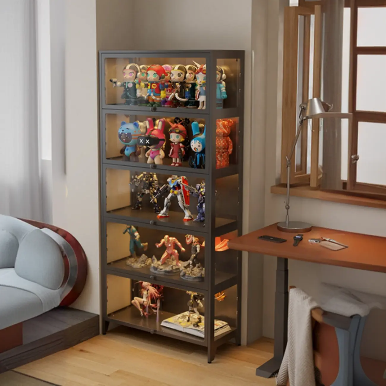 Floor Standing Modern 5-Tier Flip-Top Glass Display Cabinet Image - 2 | homeyfad