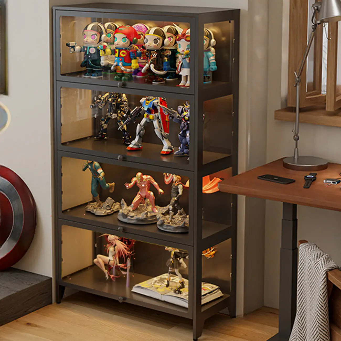 Floor Standing Modern 5-Tier Flip-Top Glass Display Cabinet Image - 3 | homeyfad