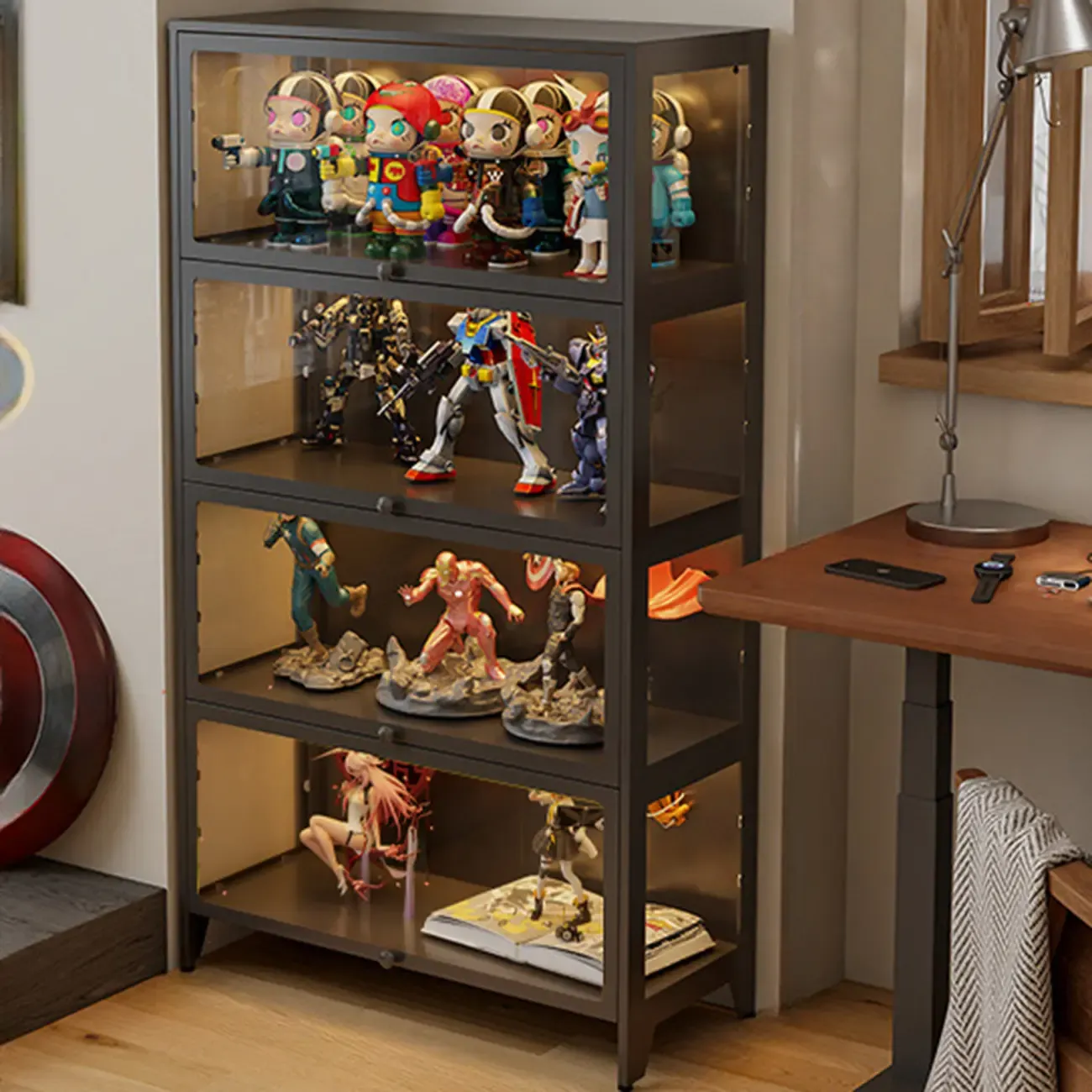 Floor Standing Modern 5-Tier Flip-Top Glass Display Cabinet Image - 3