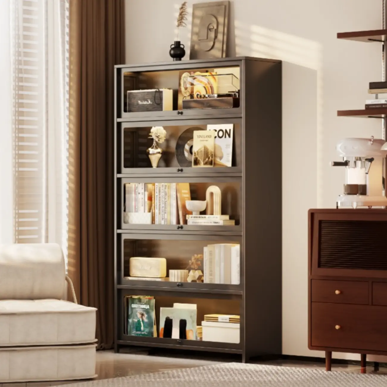 Floor Standing Modern 5-Tier Flip-Top Glass Display Cabinet Image - 4 | homeyfad