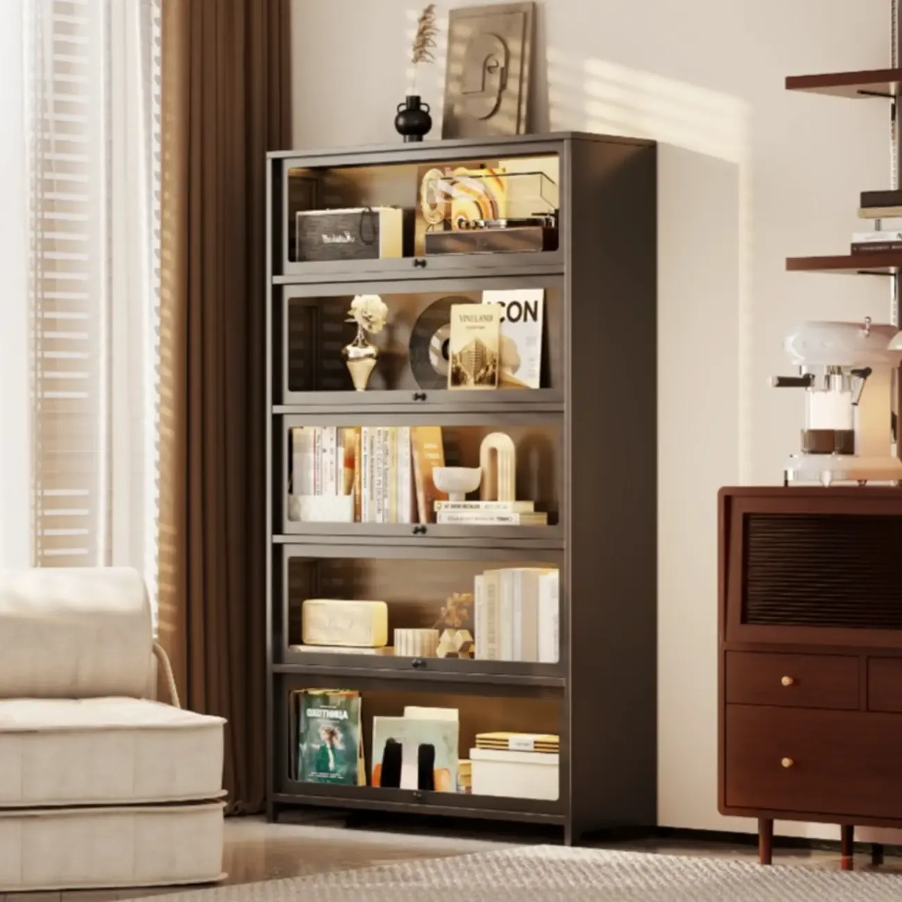 Floor Standing Modern 5-Tier Flip-Top Glass Display Cabinet Image - 4