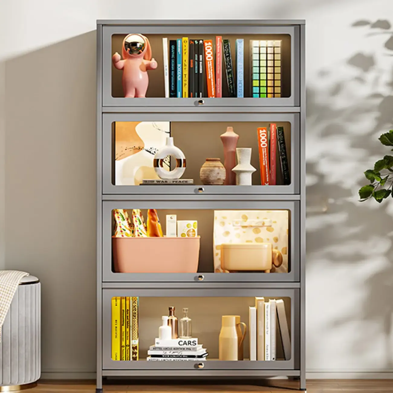 Floor Standing Modern 5-Tier Flip-Top Glass Display Cabinet Image - 15