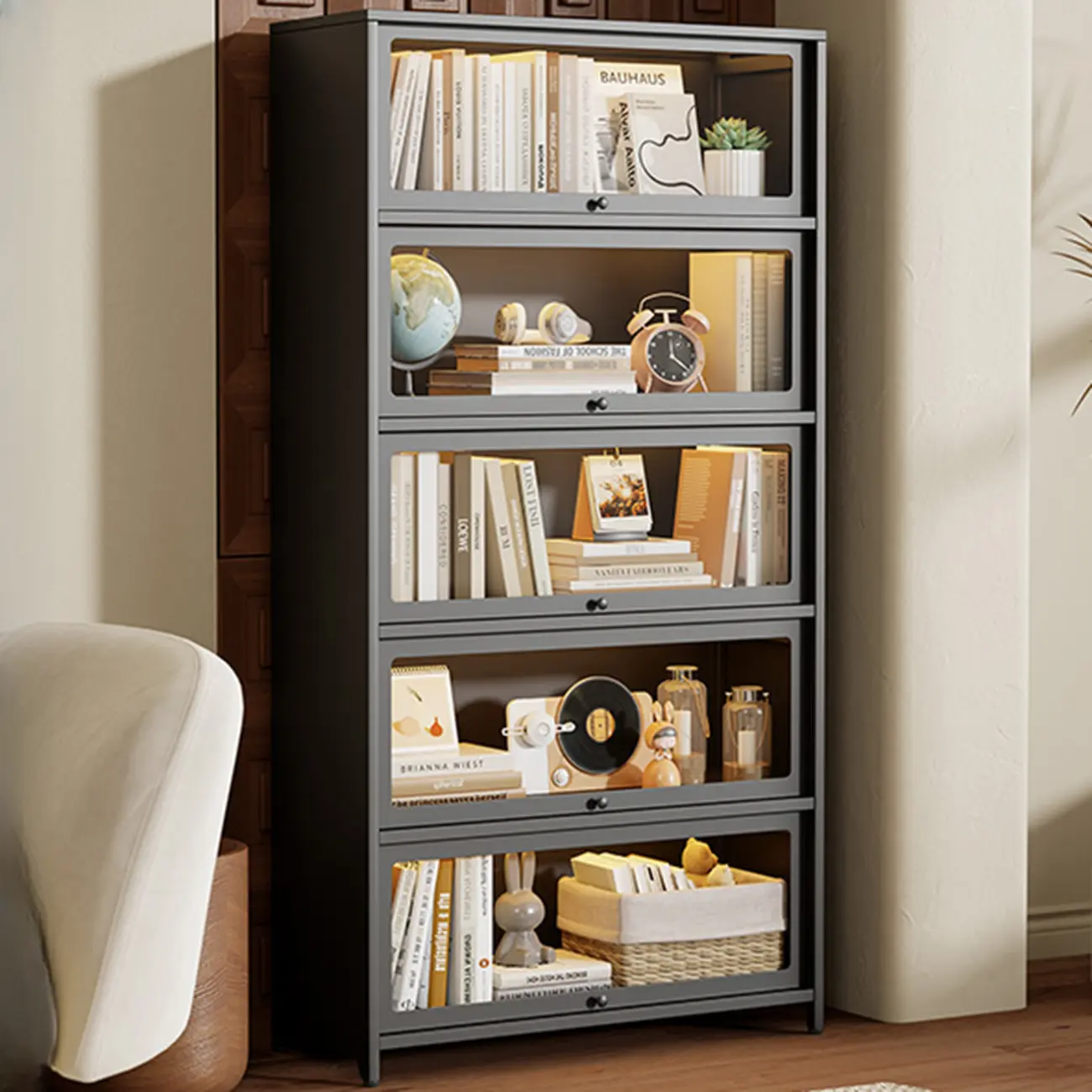 Floor Standing Modern 5-Tier Flip-Top Glass Display Cabinet Image - 16 | homeyfad